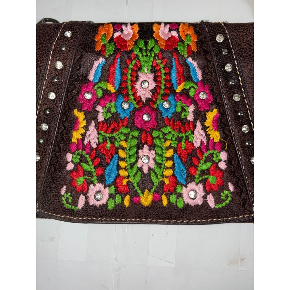 American Bling Montana West Brown Floral Embroidered Rhinestone Crossbody Purse - Picture 5 of 9